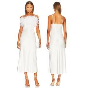 Sleeper Boheme Feather Trim Slip Dress Satin Bachelorette Wedding Bridal White L